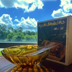 RARE 1960s Indiana Glass Co, Shell Shape, 3 Piece Salad Bowl Set in Amber Glass